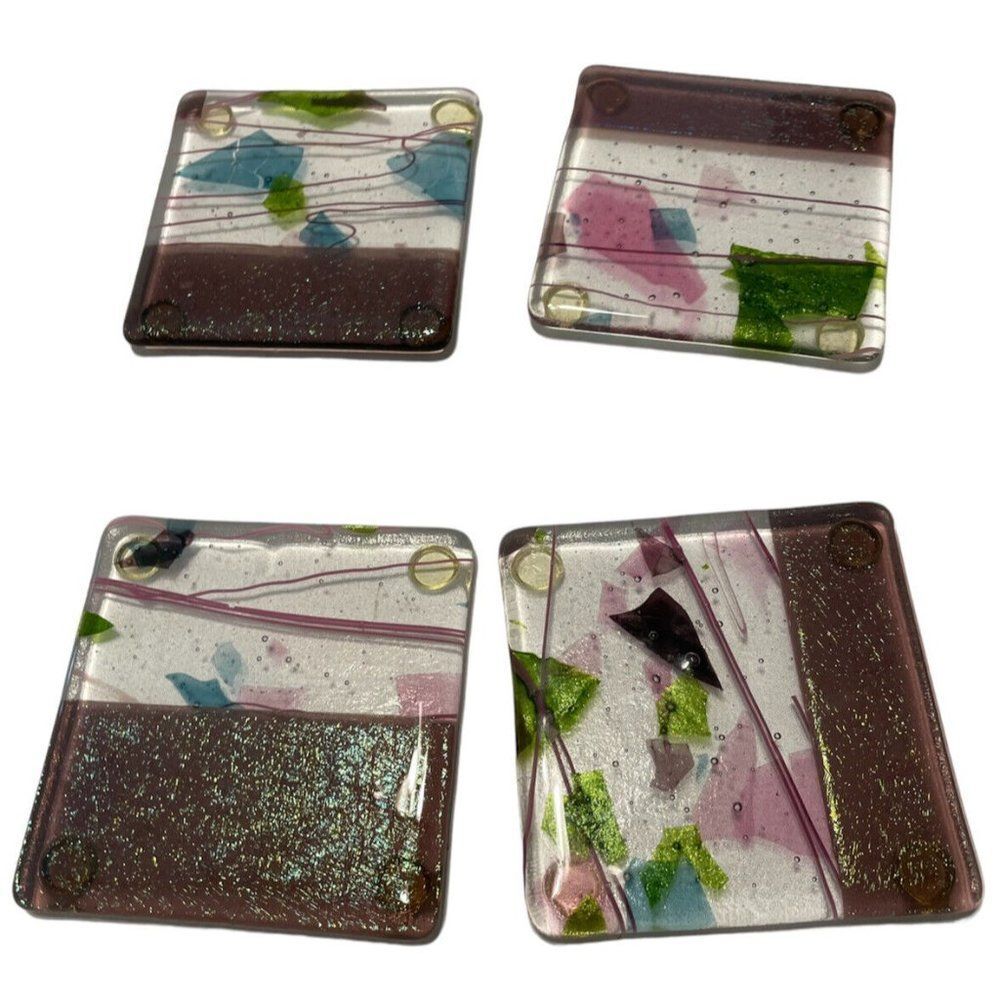 4 Signed square Dichroic art Glass Coasters drink bar colorful party paradise